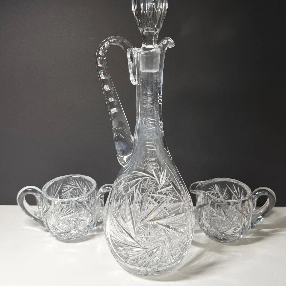 American Brilliant Vintage Pinwheel Cut Crystal Decanter Set Creamer Sugar Bowl